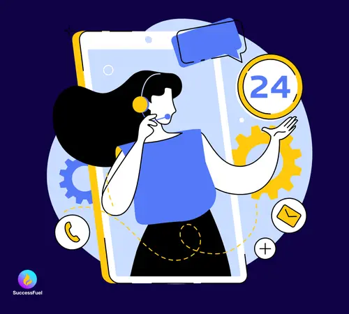 Illustration of a person reaching out through a laptop, symbolizing easy and accessible communication with SuccessFuel's support team